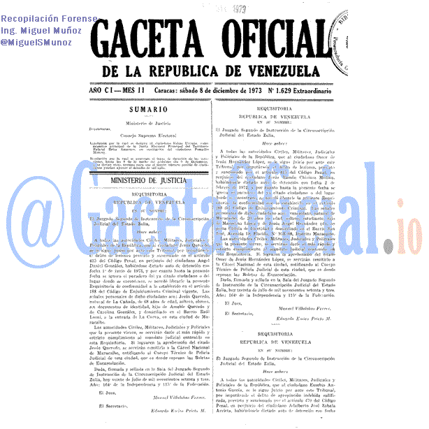 Gaceta Oficial 1629 del 8 Diciembre 1973
