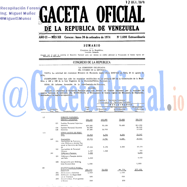 Gaceta Oficial 1690 del 30 Septiembre 1974