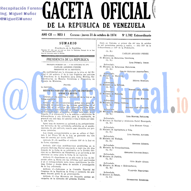 Gaceta Oficial 1702 del 31 Octubre 1974