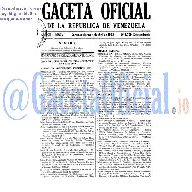 Gaceta Oficial 1729 del 4 Abril 1975