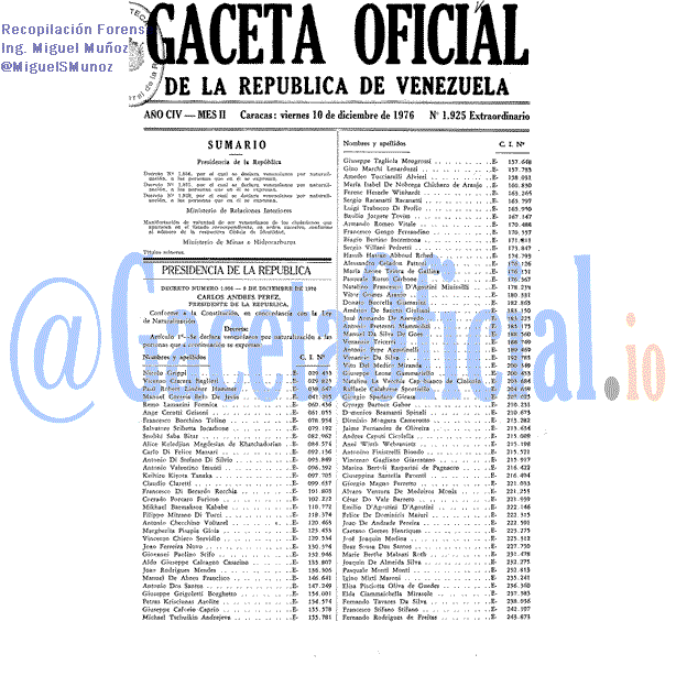 Gaceta Oficial 1925 del 10 Diciembre 1976