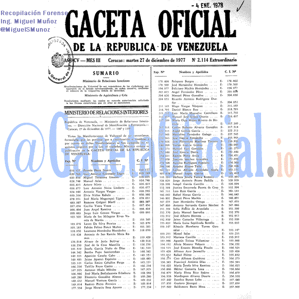 Gaceta Oficial 2114 del 27 Diciembre 1977