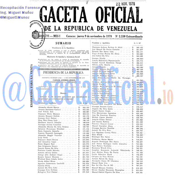 Gaceta Oficial 2330 del 9 Noviembre 1978
