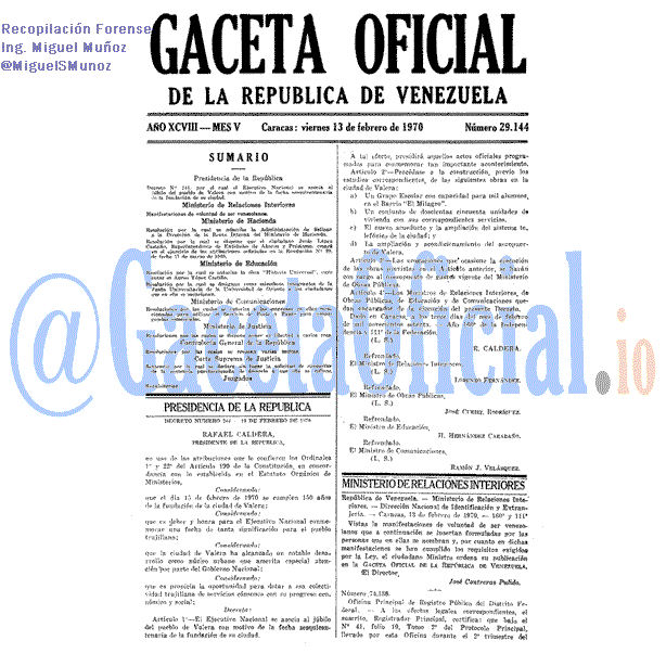 Gaceta Oficial 29144 del 13 Febrero 1970