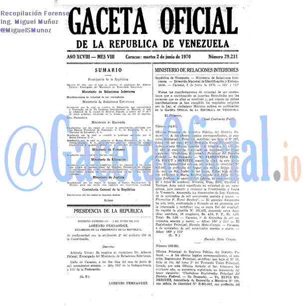 Gaceta Oficial 29231 del 2 Junio 1970