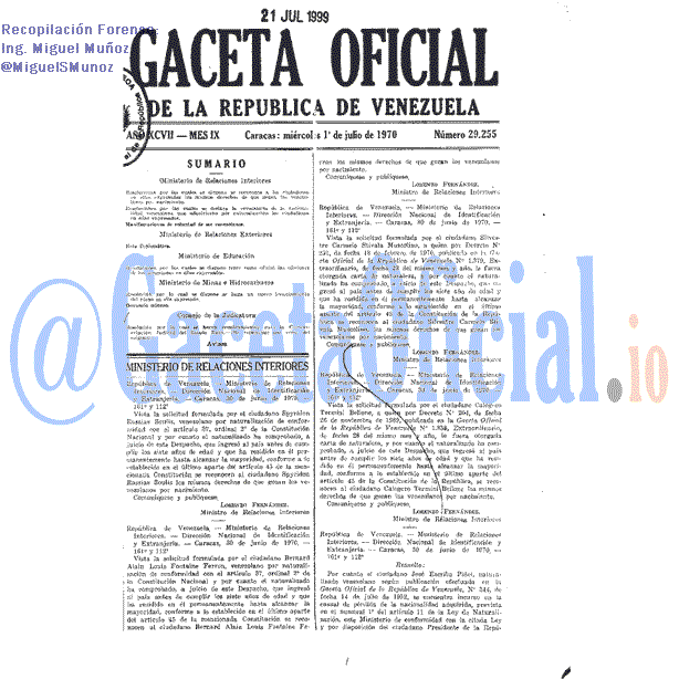 Gaceta Oficial 29255 del 1 Julio 1970