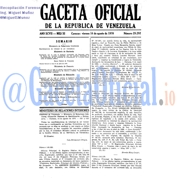 Gaceta Oficial 29292 del 14 Agosto 1970
