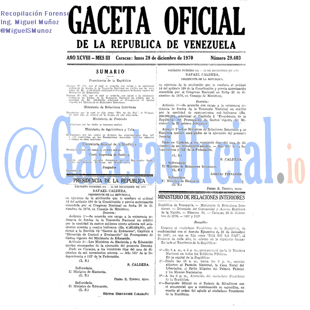 Gaceta Oficial 29403 del 28 Diciembre 1970