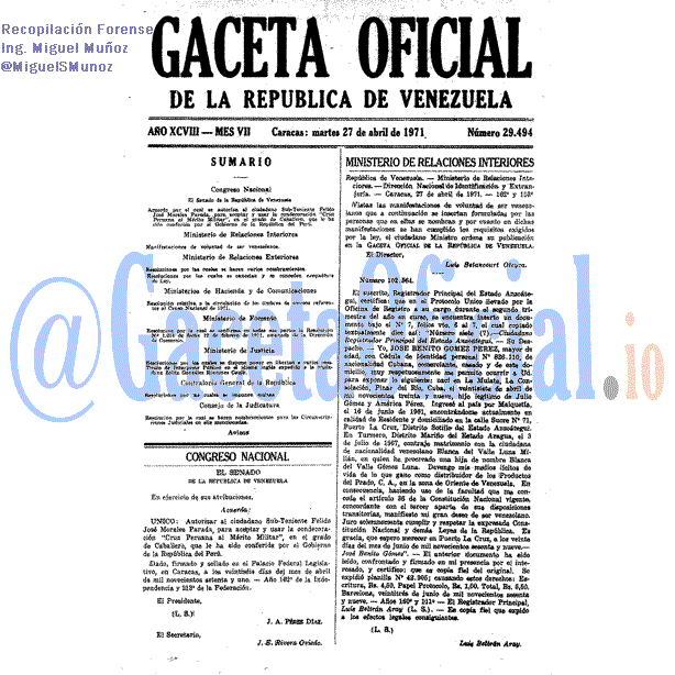 Gaceta Oficial 29494 del 27 Abril 1971