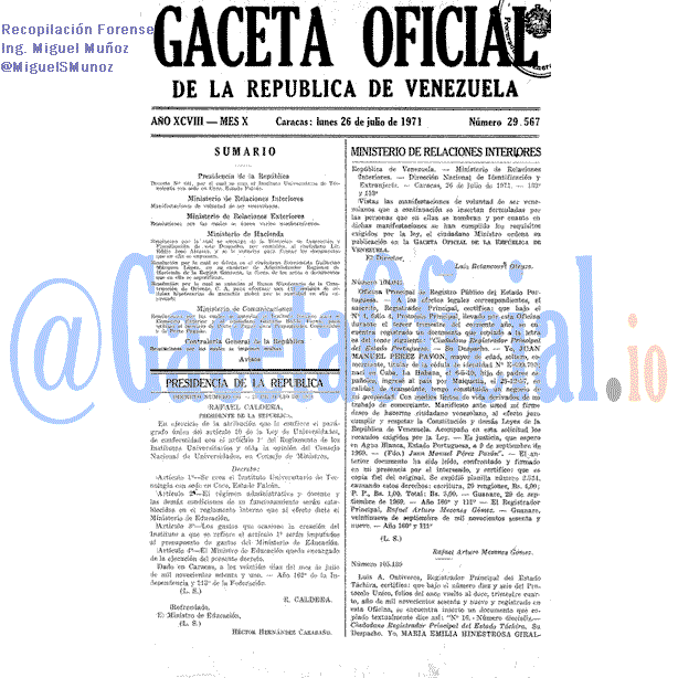 Gaceta Oficial 29567 del 26 Julio 1971