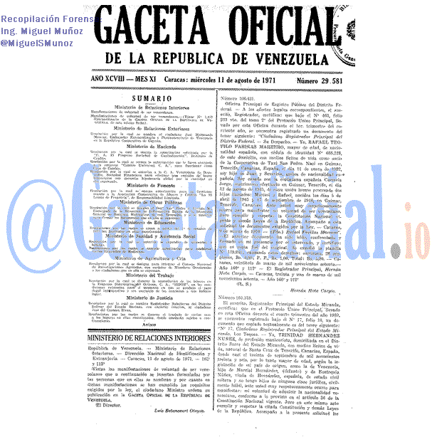 Gaceta Oficial 29581 del 11 Agosto 1971