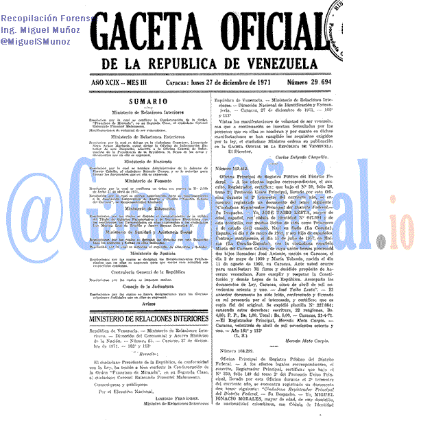 Gaceta Oficial 29694 del 27 Diciembre 1971