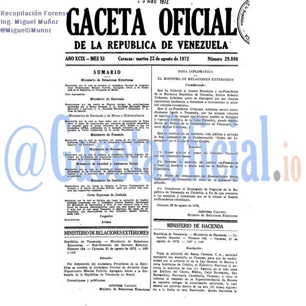 Gaceta Oficial 29886 del 22 Agosto 1972