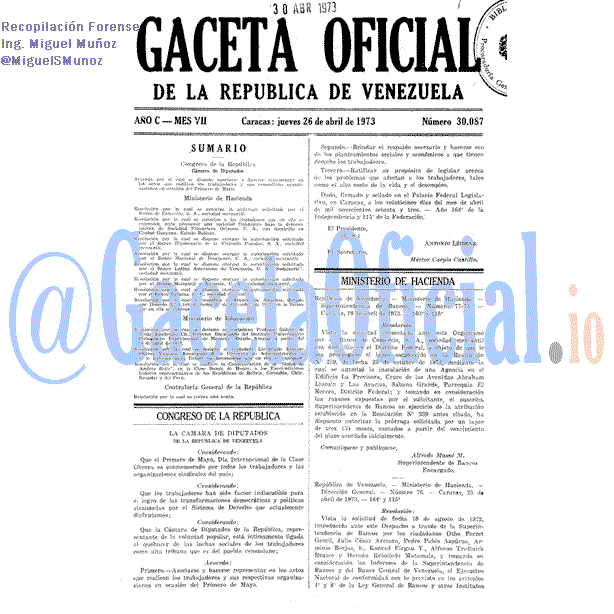 Gaceta Oficial 30087 del 26 Abril 1973