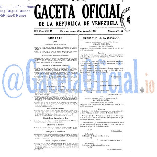 Gaceta Oficial 30141 del 29 Junio 1973