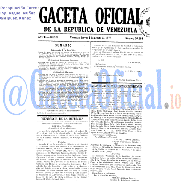 Gaceta Oficial 30168 del 2 Agosto 1973