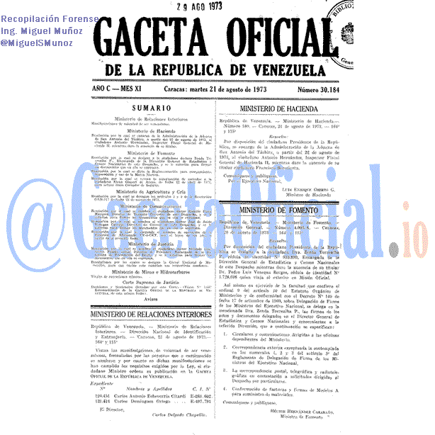 Gaceta Oficial 30184 del 21 Agosto 1973