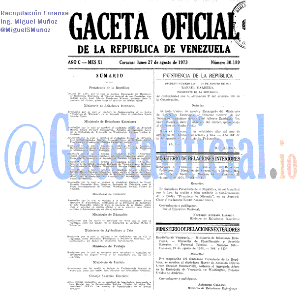 Gaceta Oficial 30189 del 27 Agosto 1973