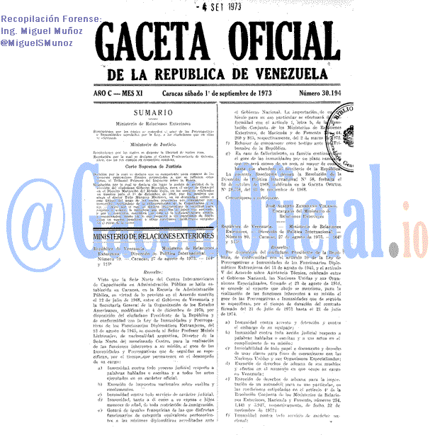 Gaceta Oficial 30194 del 1 Septiembre 1973