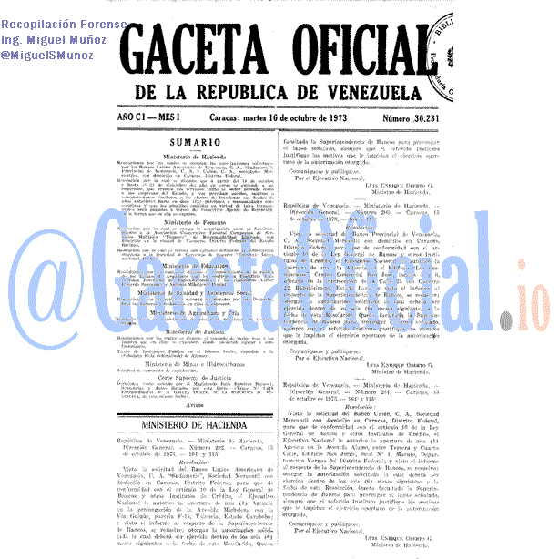 Gaceta Oficial 30231 del 16 Octubre 1973