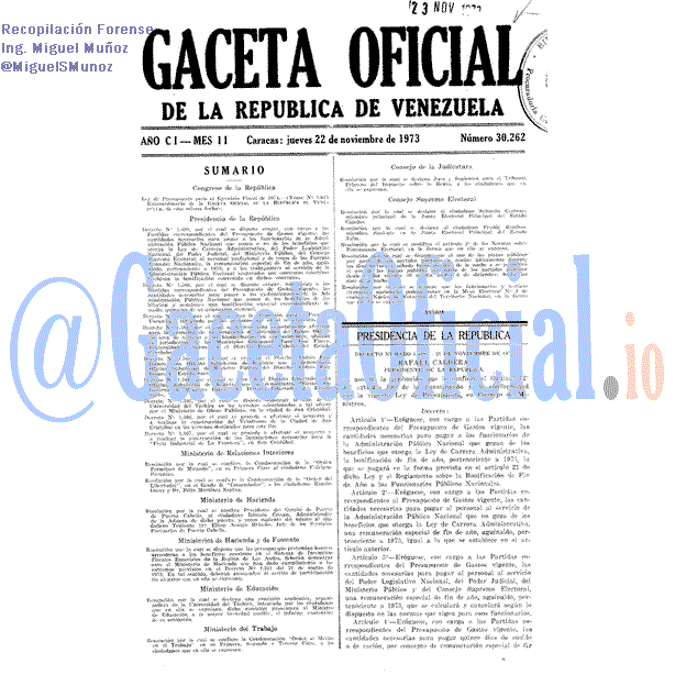 Gaceta Oficial 30262 del 22 Noviembre 1973