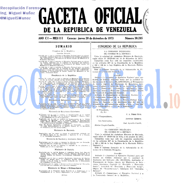 Gaceta Oficial 30285 del 20 Diciembre 1973