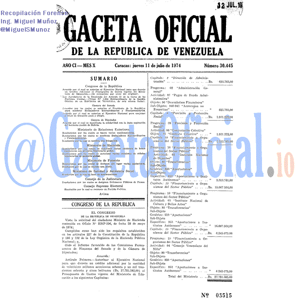 Gaceta Oficial 30445 del 11 Julio 1974