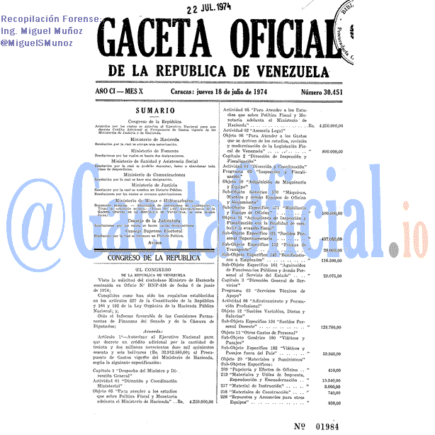 Gaceta Oficial 30451 del 18 Julio 1974