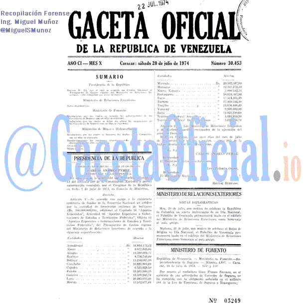 Gaceta Oficial 30453 del 20 Julio 1974