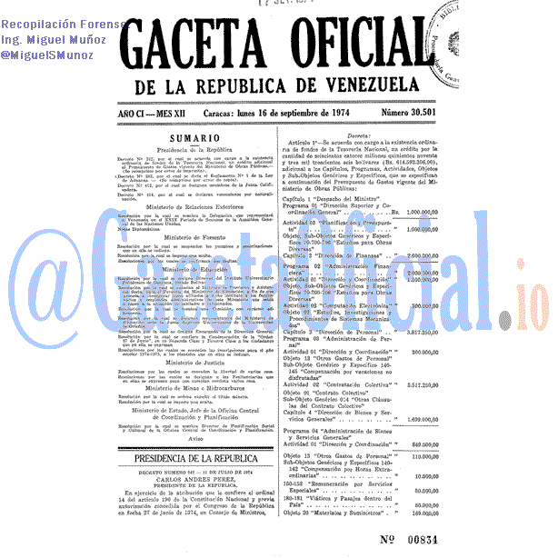 Gaceta Oficial 30501 del 16 Septiembre 1974