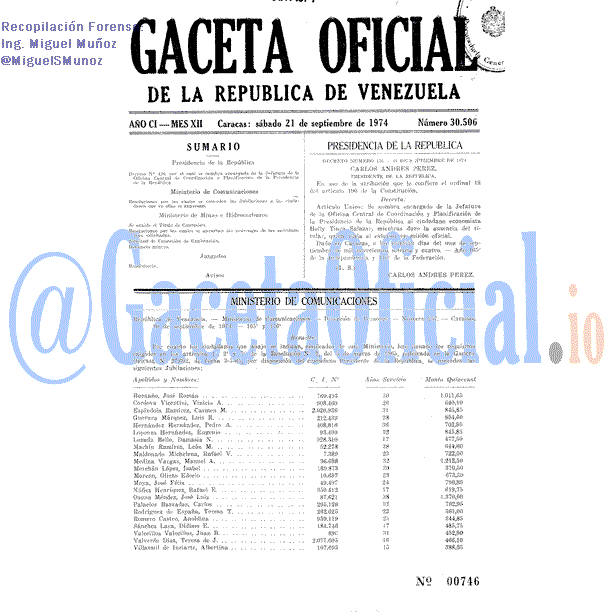Gaceta Oficial 30506 del 21 Septiembre 1974