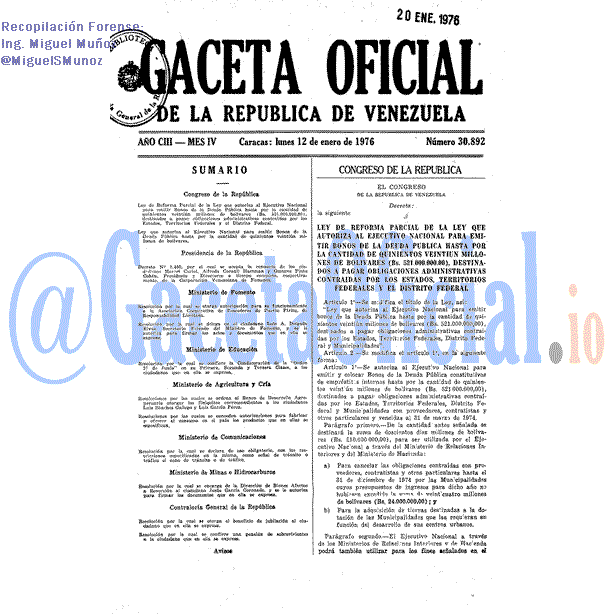 Gaceta Oficial 30892 del 12 Enero 1976