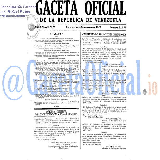 Gaceta Oficial 31159 del 24 Enero 1977