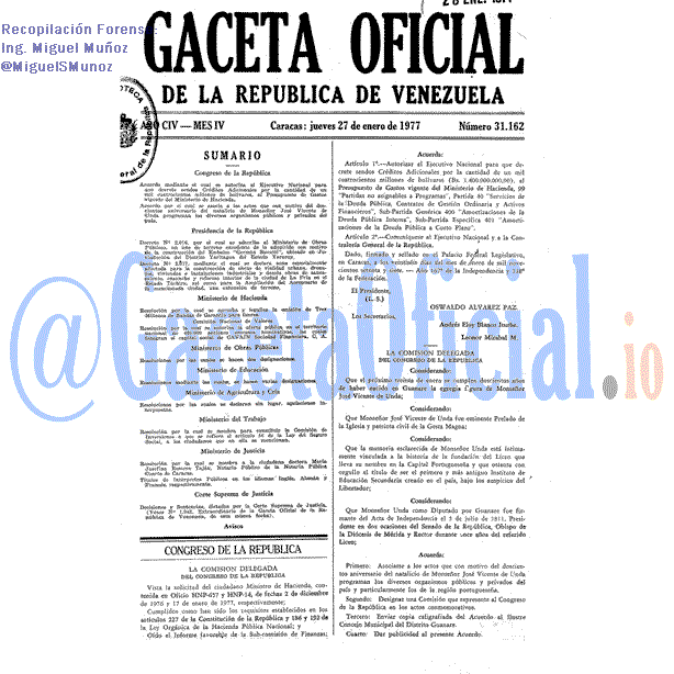 Gaceta Oficial 31162 del 27 Enero 1977