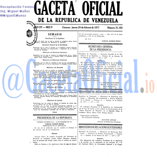 Gaceta Oficial 31182 del 24 Febrero 1977