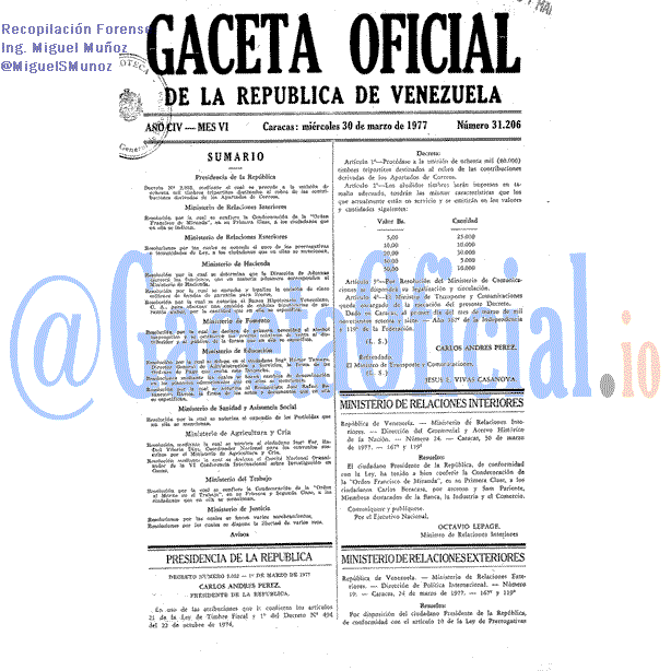 Gaceta Oficial 31206 del 30 Marzo 1977