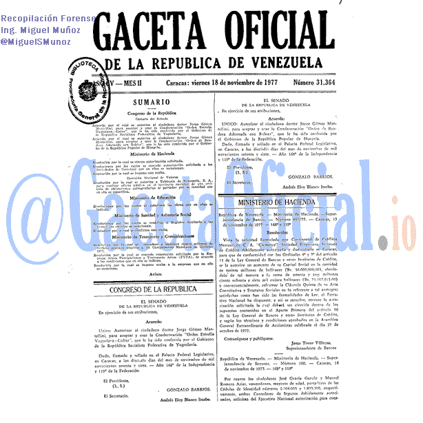 Gaceta Oficial 31364 del 18 Noviembre 1977