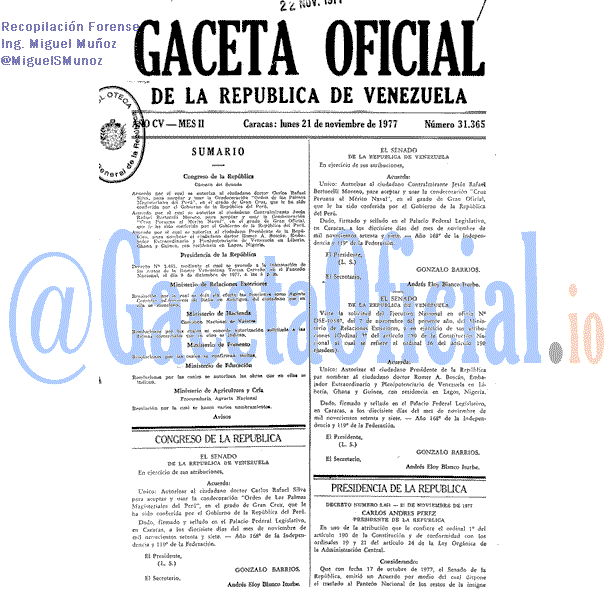 Gaceta Oficial 31365 del 21 Noviembre 1977