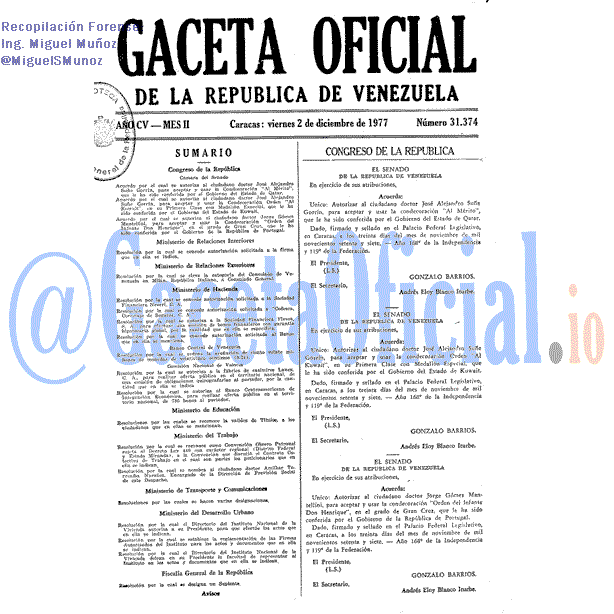 Gaceta Oficial 31374 del 2 Diciembre 1977
