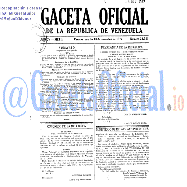 Gaceta Oficial 31381 del 13 Diciembre 1977