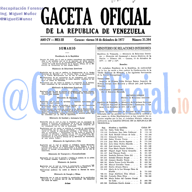 Gaceta Oficial 31384 del 16 Diciembre 1977