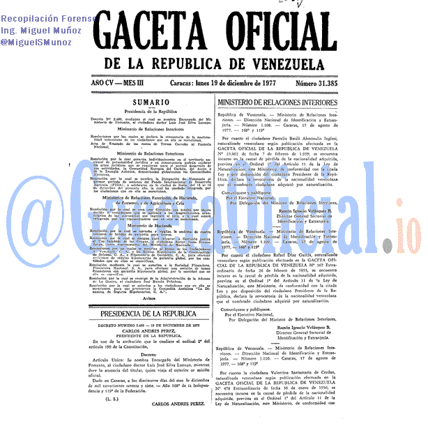 Gaceta Oficial 31385 del 19 Diciembre 1977