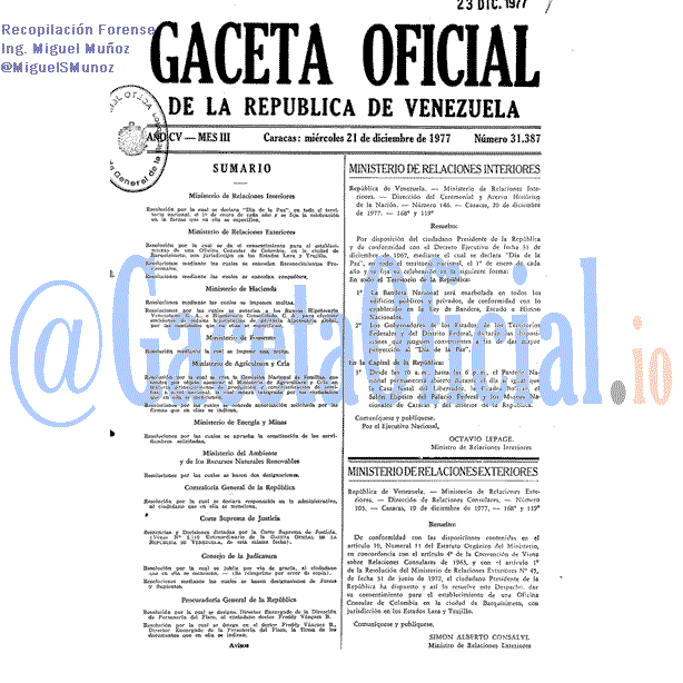 Gaceta Oficial 31387 del 21 Diciembre 1977