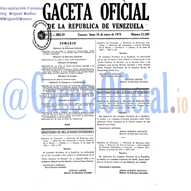 Gaceta Oficial 31405 del 16 Enero 1978