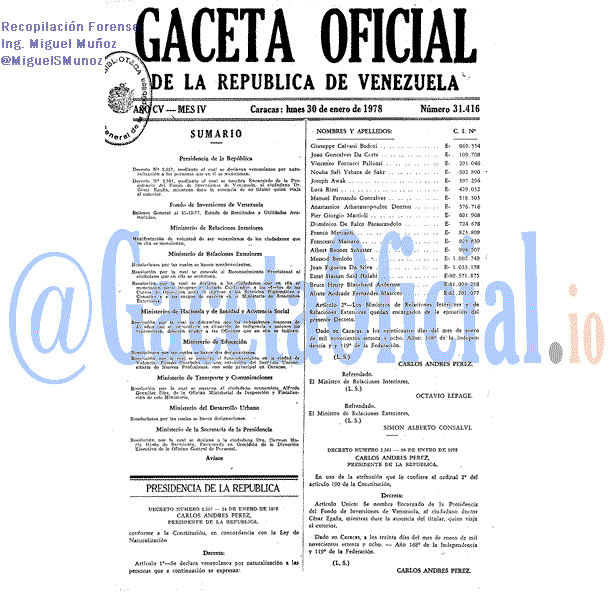 Gaceta Oficial 31416 del 30 Enero 1978