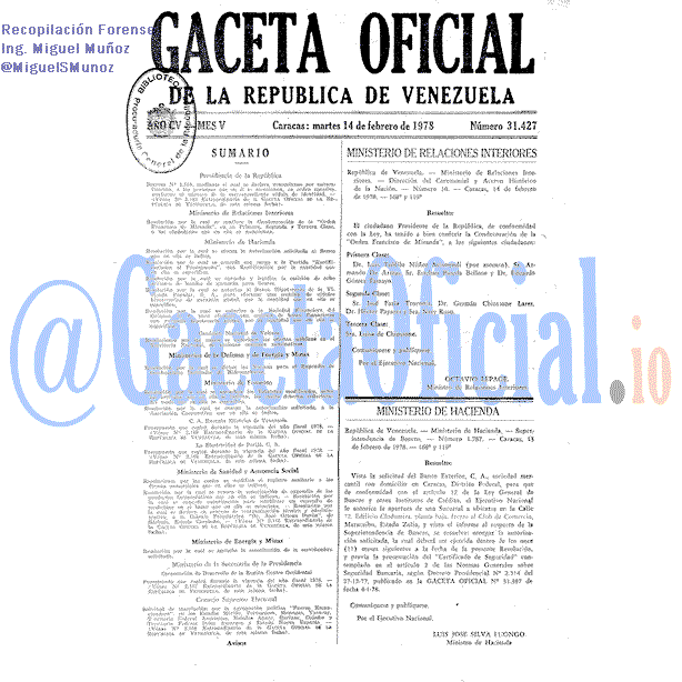 Gaceta Oficial 31427 del 14 Febrero 1978