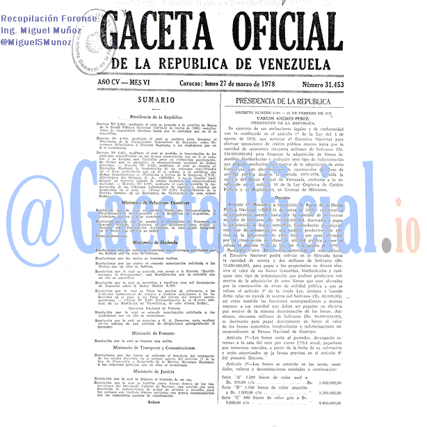 Gaceta Oficial 31453 del 27 Marzo 1978