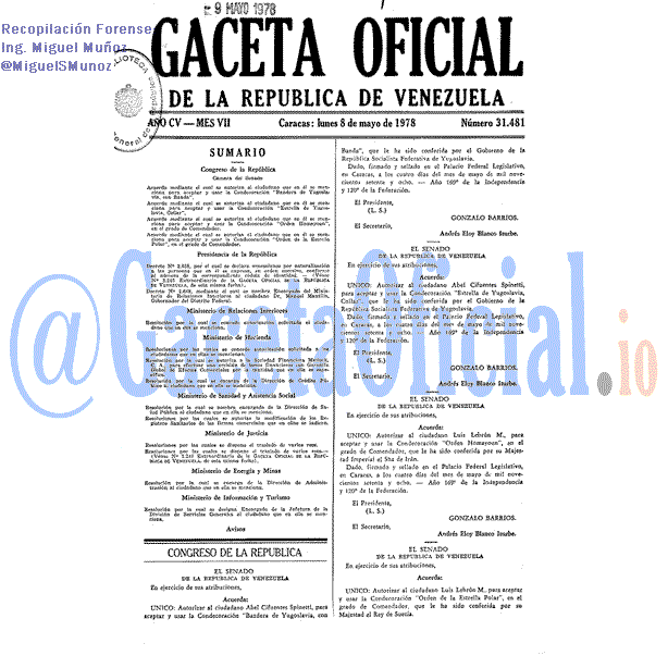 Gaceta Oficial 31481 del 8 Mayo 1978