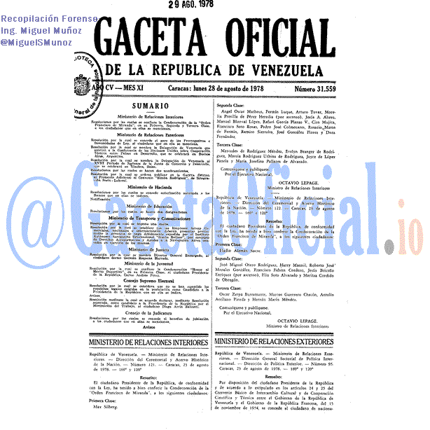 Gaceta Oficial 31559 del 28 Agosto 1978