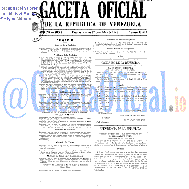 Gaceta Oficial 31601 del 27 Octubre 1978